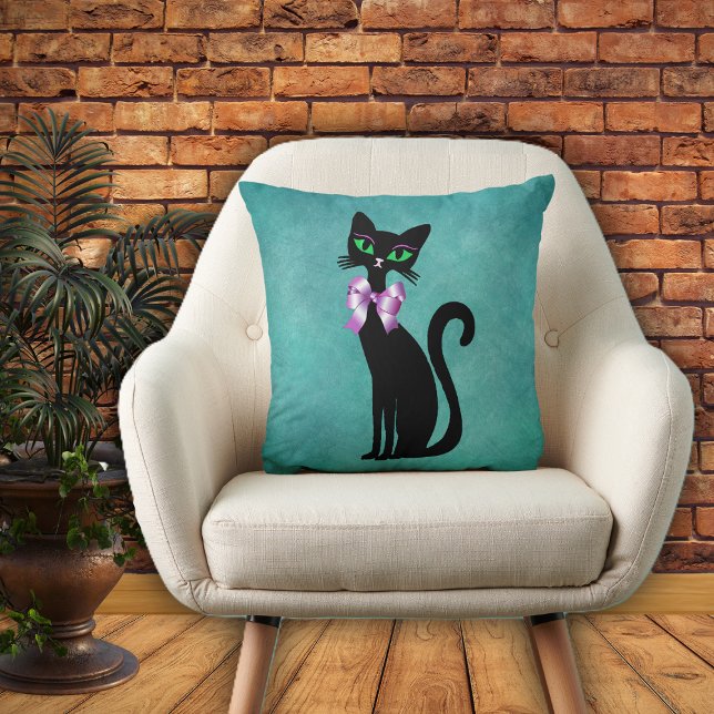 Sophisticated Black Cat green Eyes Pink Bow Aqua Cushion (Pretty sophisticated black cat in pink bow green eyes on aqua blue decorative pillow.)