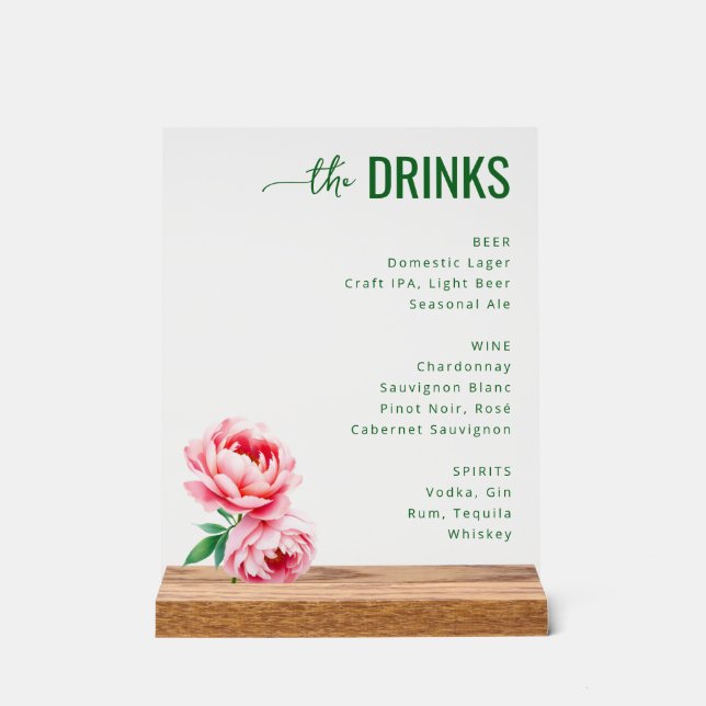 Sophisticated Black Floral Beverage Menu Acrylic Sign (Front)
