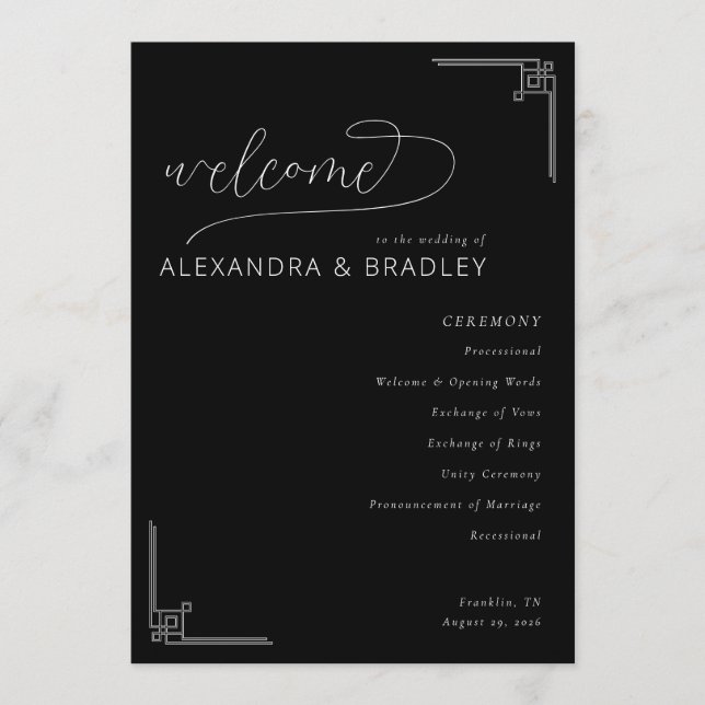 Sophisticated Black Geometric Wedding Ceremony Programme (Front)