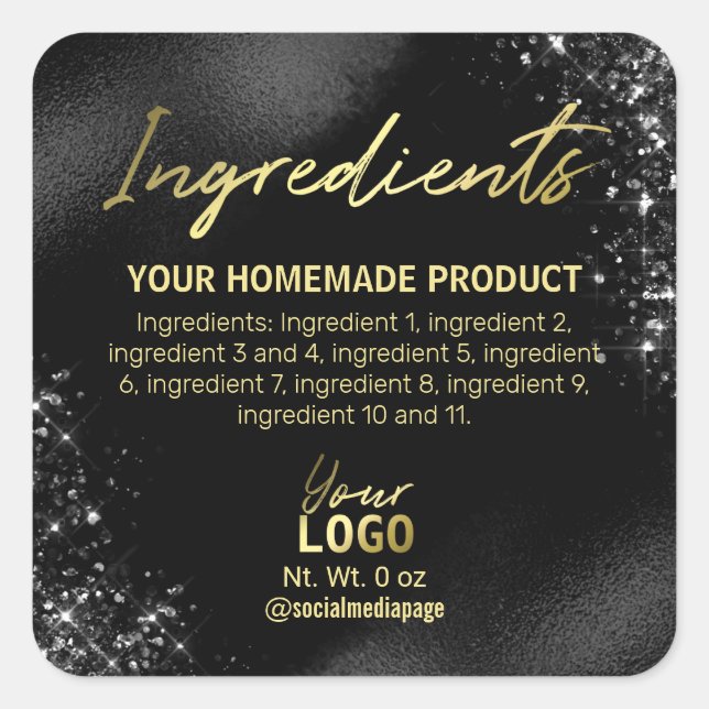 Sophisticated Black Glitter Foil Ingredient Labels (Front)