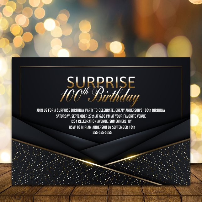 Sophisticated Black Gold 100th Surprise Birthday Invitation (Creator Uploaded)