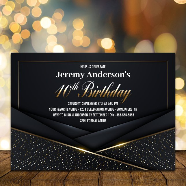 Sophisticated Black Gold 40th Birthday Party Invitation (Creator Uploaded)