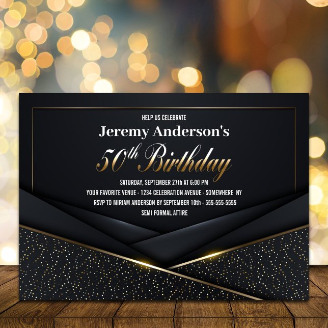 Sophisticated Black Gold 50th Birthday Party Invitation (Creator Uploaded)