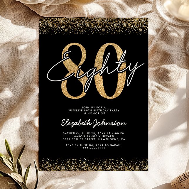 Sophisticated Black Gold 80th Birthday Invitation (Creator Uploaded)