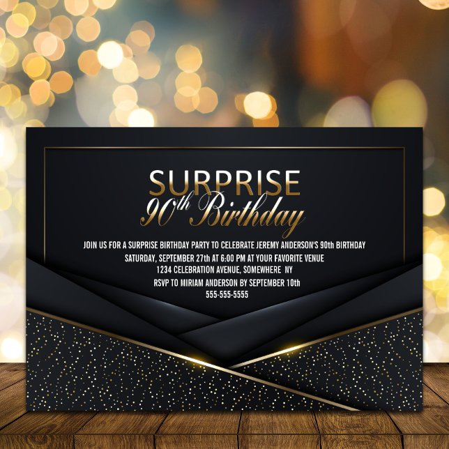 Sophisticated Black Gold 90th Surprise Birthday Invitation (Creator Uploaded)