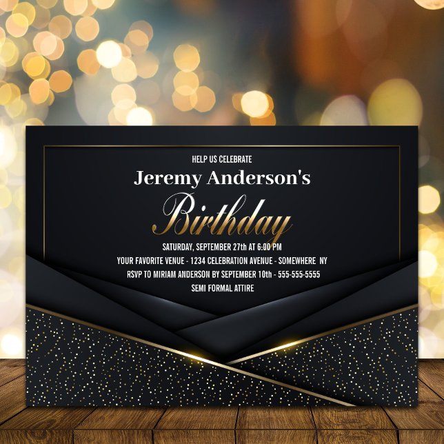 Sophisticated Black Gold Birthday Party Invitation (Creator Uploaded)