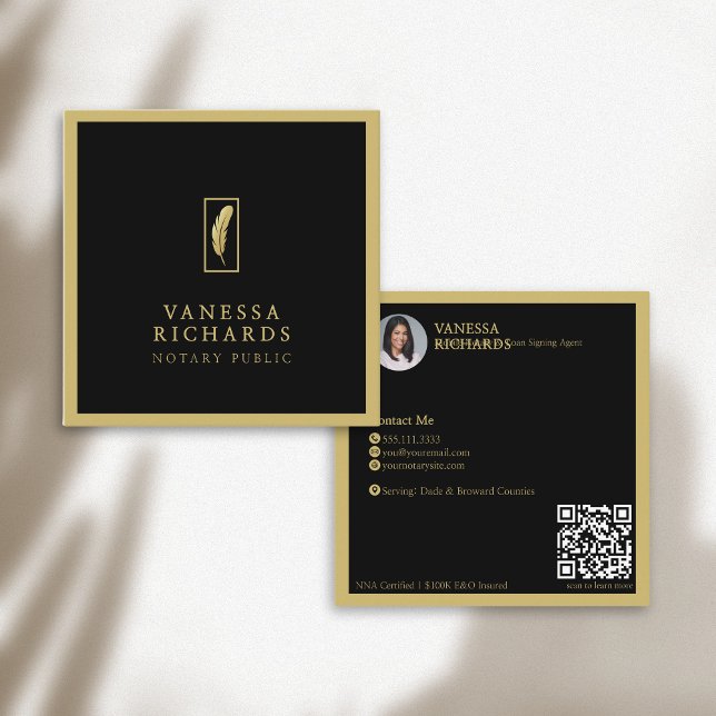 Sophisticated Black Gold Feather Notary Photo QR Square Business Card (Creator Uploaded)