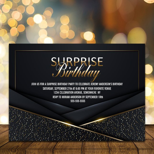 Sophisticated Black Gold Surprise Birthday Invitation (Creator Uploaded)