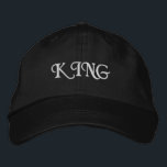 Sophisticated Black King Hat with Custom Embroider<br><div class="desc">Elevate your style with the black adjustable cap showcasing "King" text. The embroidery adds a touch of royalty to the cotton visor. Comfortable and versatile,  it’s perfect for daily wear and special occasions.</div>