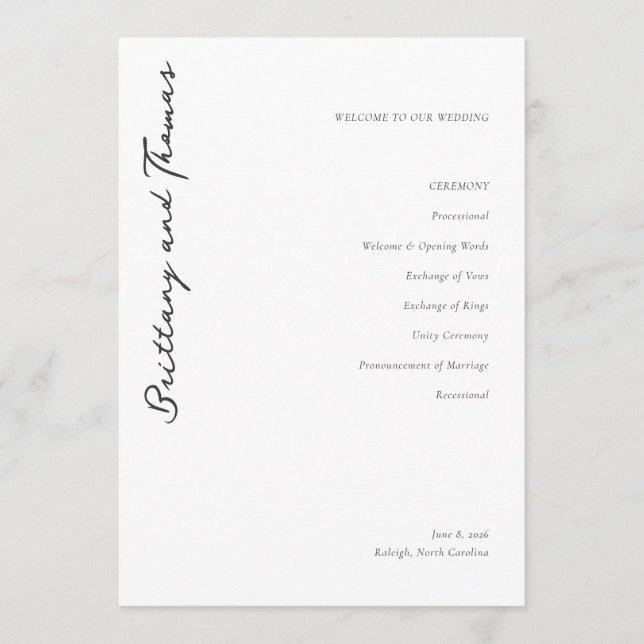 Sophisticated Black Minimalist Wedding Ceremony Programme (Front)