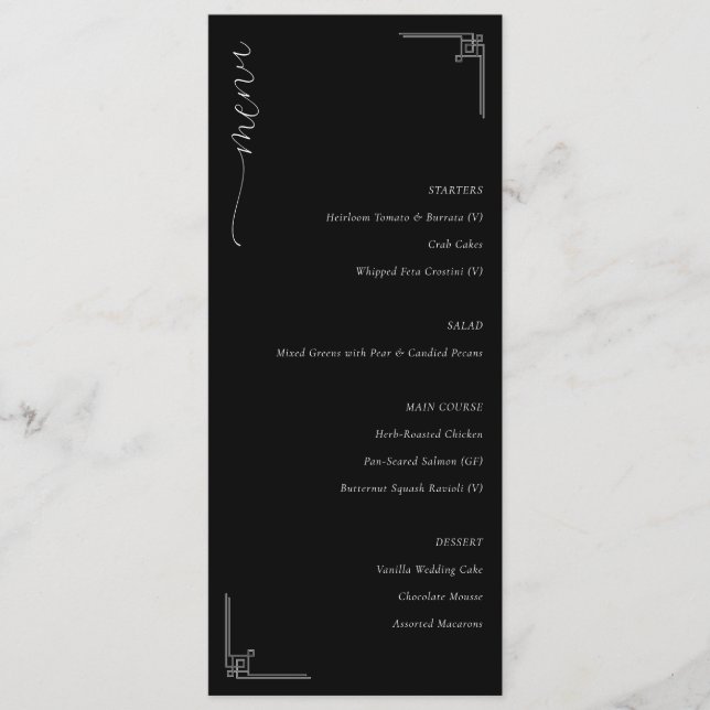 Sophisticated Black Minimalist Wedding Menu (Front)