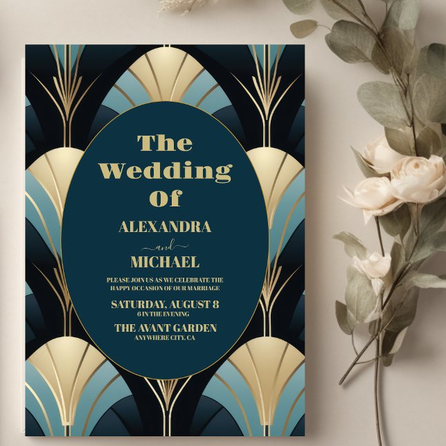 Sophisticated Blue and Gold Art Deco Wedding  Invitation (Creator Uploaded)