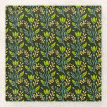 Sophisticated blue & beige floral pattern design  glass coaster<br><div class="desc">Seamless floral pattern with green leaves and buds on a dark background,  featuring intricate blue and beige branches,  evoking a natural,  elegant feel.</div>