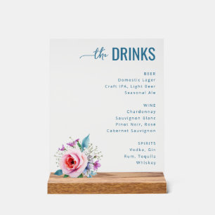 Sophisticated Blue Floral Beverage Menu Acrylic Sign