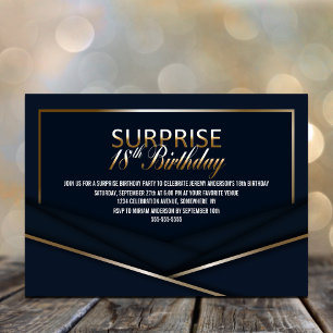 Sophisticated Blue Gold 18th Surprise Birthday Invitation