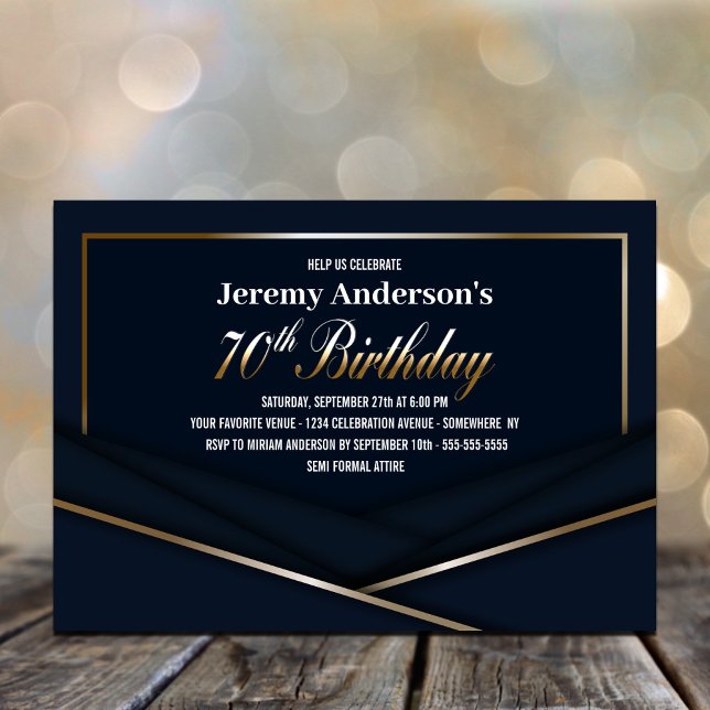 Sophisticated Blue Gold 70th Birthday Party Invitation (Creator Uploaded)