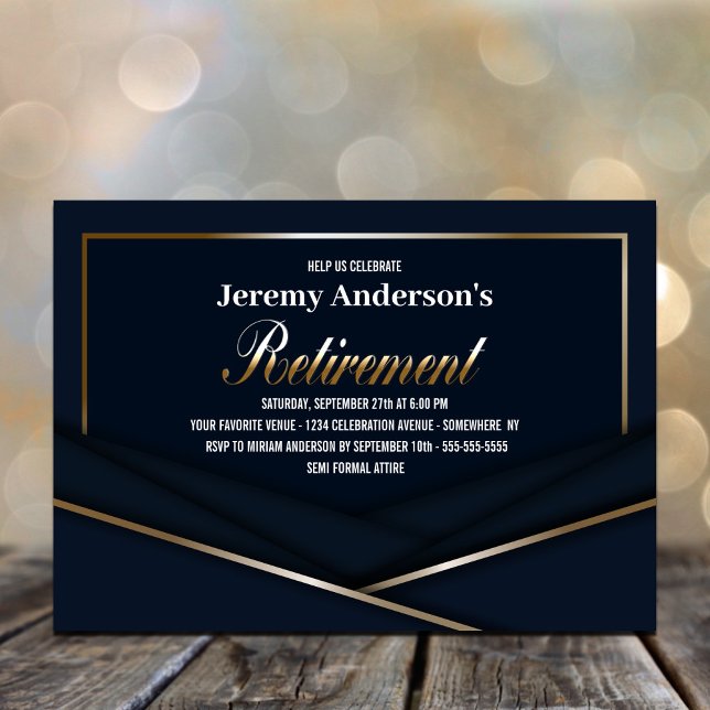 Sophisticated Blue Gold Retirement Party Invitation (Creator Uploaded)