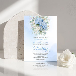 Sophisticated Blue Hydrangea Gold Wedding Invite