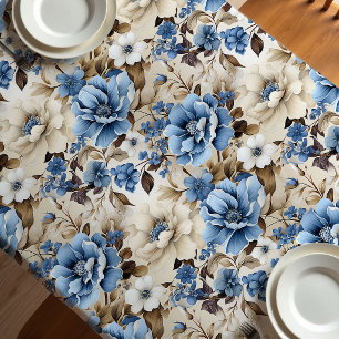 Sophisticated Blue Ivory Floral Luxury Tablecloth
