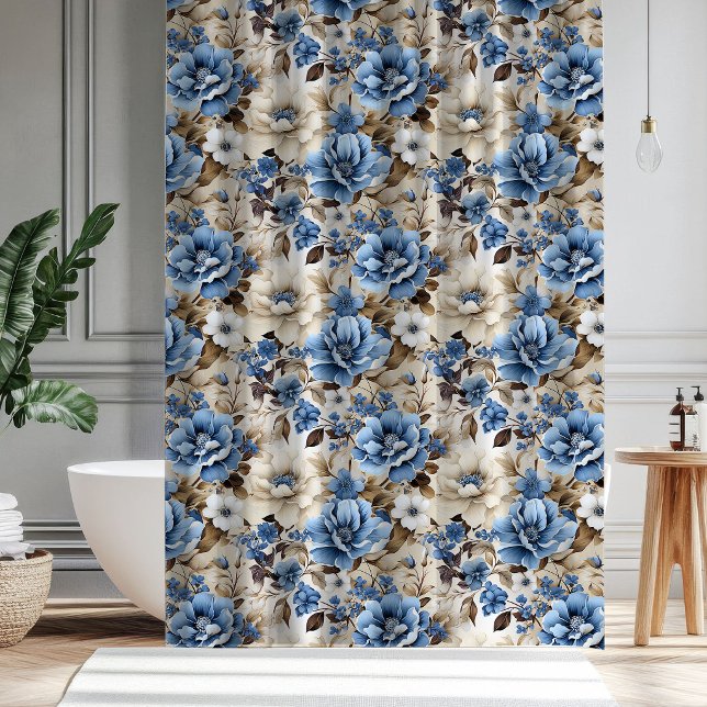 Sophisticated Blue Ivory Floral Shower Curtain  (Sophisticated Blue Ivory Floral Shower Curtain Decor)