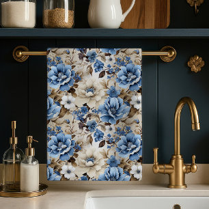 Sophisticated Blue Ivory Floral Soft Kitchen Towel