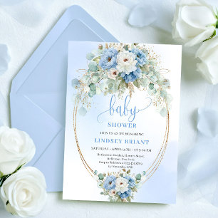 Sophisticated Blue Peonies Eucalyptus Gold Baby Invitation