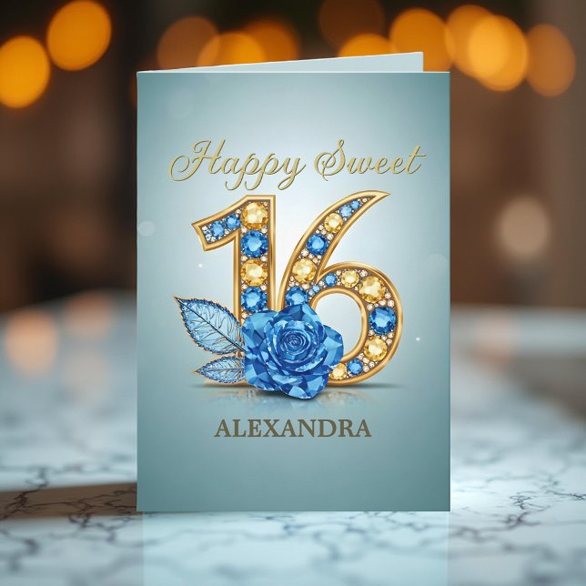 Sophisticated Blue Rose Gold Gemstone Sweet 16 Card (Creator Uploaded)