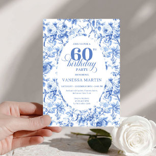 Sophisticated Blue Roses Floral Toile 60 Birthday Invitation
