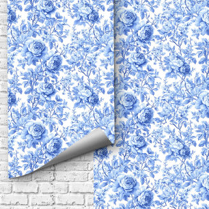 Sophisticated Blue Toile Roses Floral Wallpaper