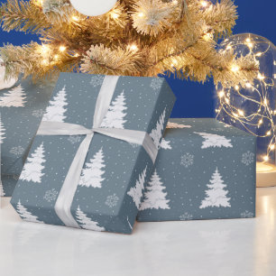Sophisticated Blue & White Christmas Trees Pattern Wrapping Paper