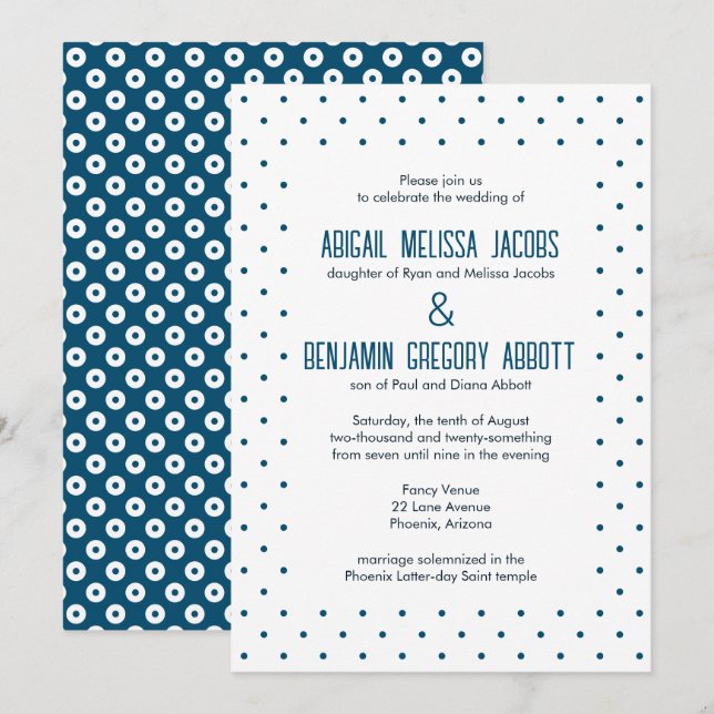 Sophisticated Blue & White Polka-Dot Reception Invitation (Front/Back)
