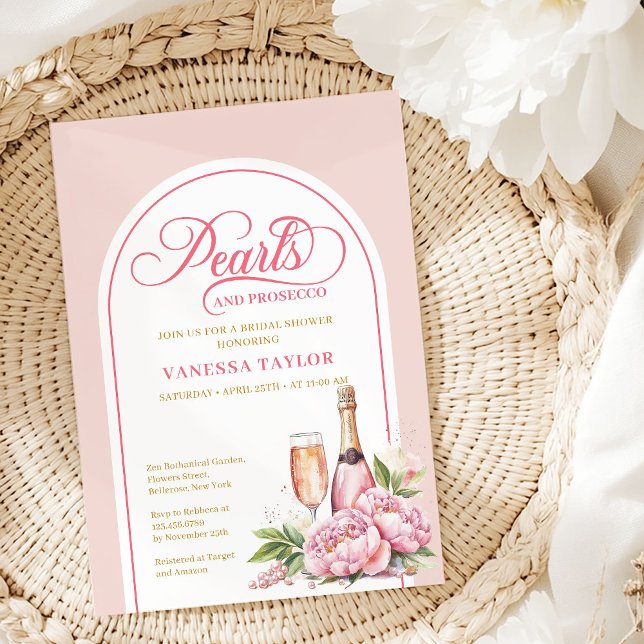 Sophisticated Blush and Gold Bridal Shower Card (Elegant Pearls and Prosecco Bridal Shower Invite)
