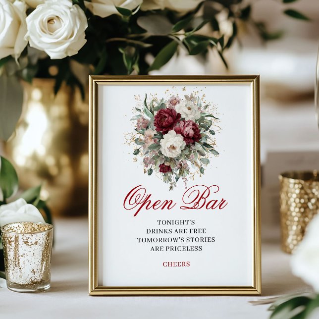 Sophisticated Blush Burgundy Open Bar Wedding Sign (Sophisticated Blush Burgundy Open Bar Wedding Sign)