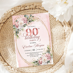Sophisticated Blush Gold Greenery 90th Birthday  Invitation