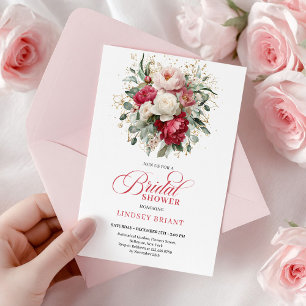 Sophisticated Bohemian Red White Floral Greenery Invitation