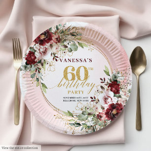 Sophisticated Boho Burgundy Gold Roses 60 Birthday Paper Plate
