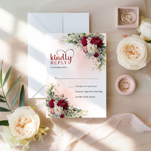 Sophisticated Boho Burgundy White Floral Gold Wedd RSVP Card