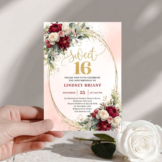 Sophisticated Boho Marsala Gold Floral Sweet Sixte Invitation (Sophisticated Boho Marsala Gold Floral Sweet Sixteen)