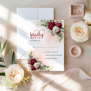 Sophisticated Boho Merlot Gold Floral Wedding RSVP Card