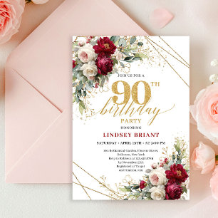 Sophisticated Boho Merlot Rose Gold 90th Birthday Invitation