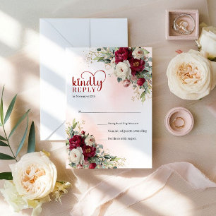 Sophisticated Boho Red White Floral Gold Wedding  RSVP Card