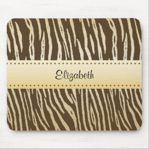 Sophisticated Brown and Gold Tiger Print With Name Mouse Pad