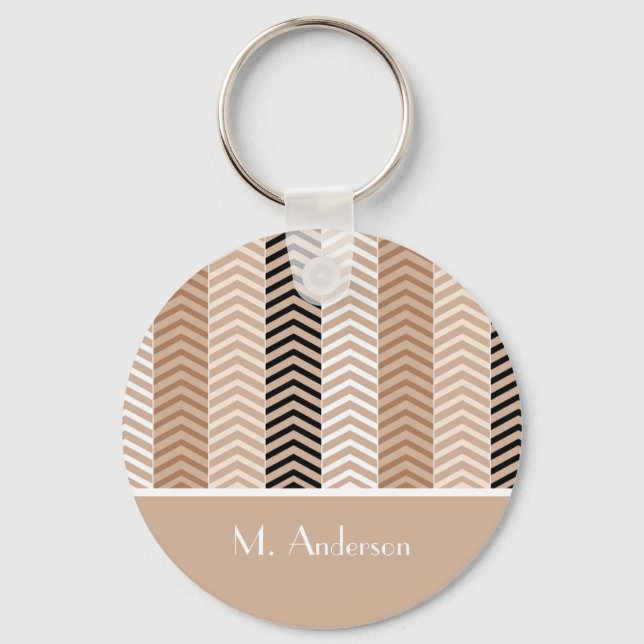 Sophisticated Brown Chevron Stripes With Name Key Ring (Front)