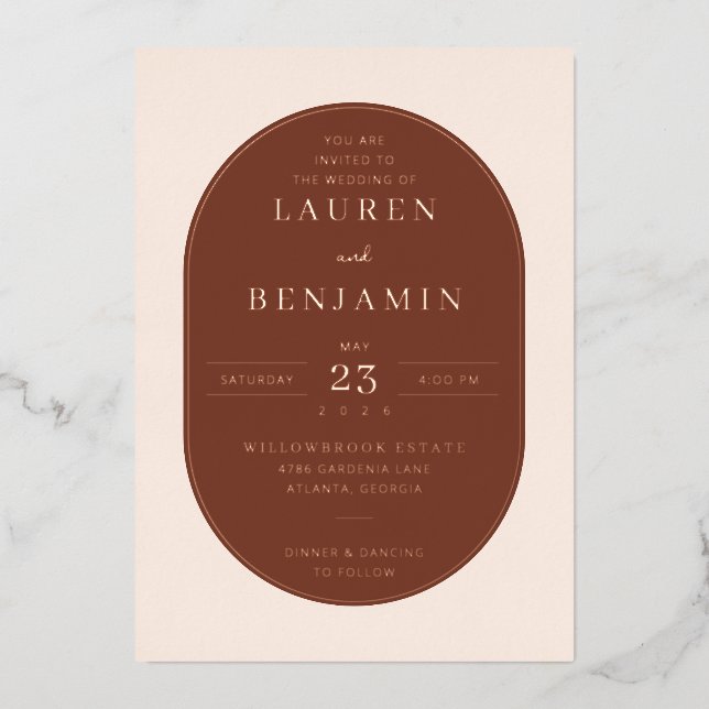 Sophisticated Brown Oval Wedding Invitation (Front)