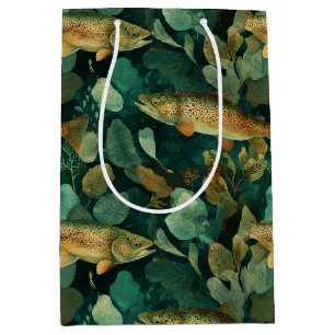 Sophisticated Brown Trout Green Fish Watercolor Medium Gift Bag