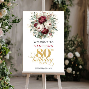 Sophisticated Burgundy 80th Birthday Welcome Sign