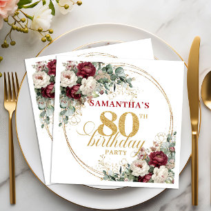 Sophisticated Burgundy Floral 80th Birthday Napkin