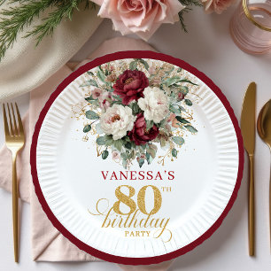 Sophisticated Burgundy Floral 80th Birthday Paper  Plate