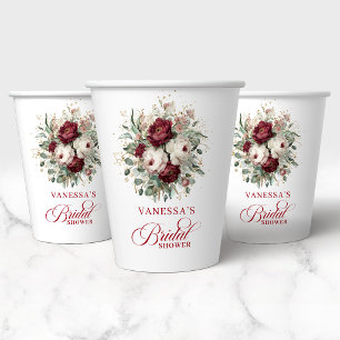 Sophisticated Burgundy Floral Bridal Shower Paper  Cups