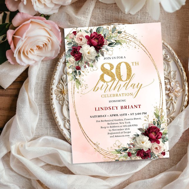 Sophisticated Burgundy Floral Gold 80th Birthday  Invitation (Sophisticated Burgundy Floral Gold 80th Birthday Invite)